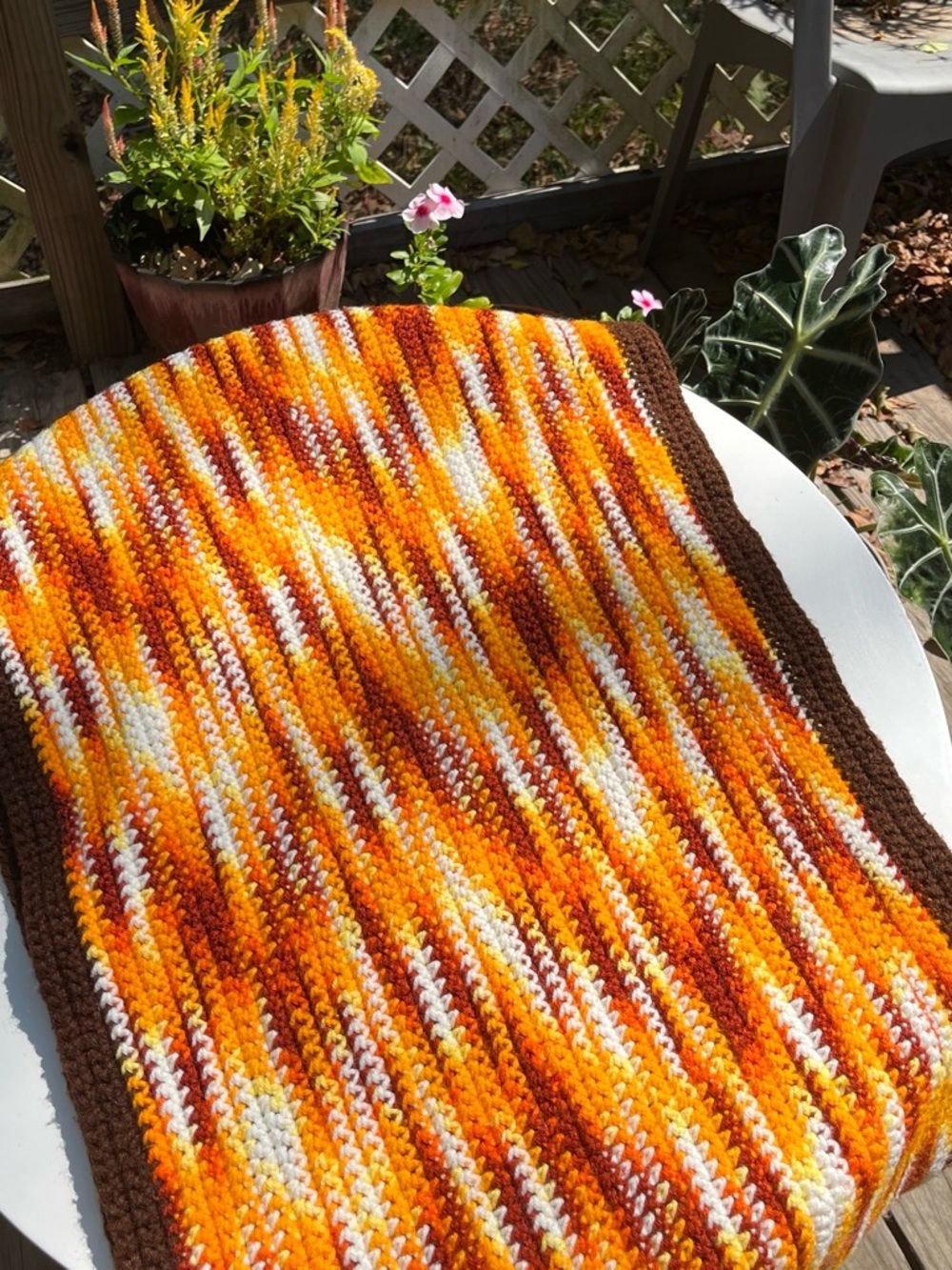 Vintage Striped Knit Blanket/Scarf Orange & Brown